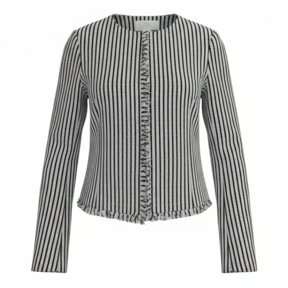 Hugo Boss Komina Black & White Striped Cropped Jacket Frayed Hem Jacket - Picture 3 of 7